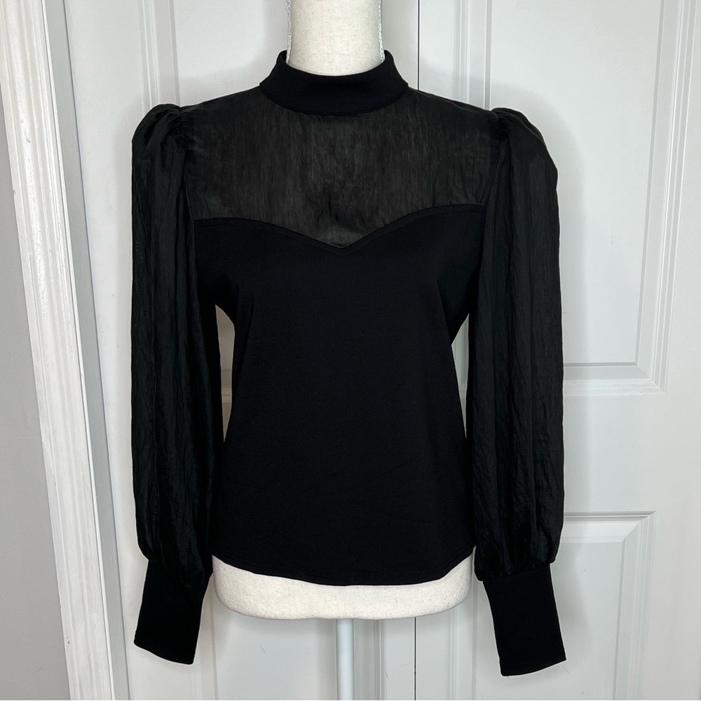 Anthropologie Flat White Black Bishop Sleeve Blouse Small Sheer Mixed Fabrics
